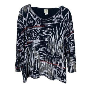 Jess & Jane Womens 1X Top 3/4 Sleeve Artsy Boho Black White Aztec Southwest Knit